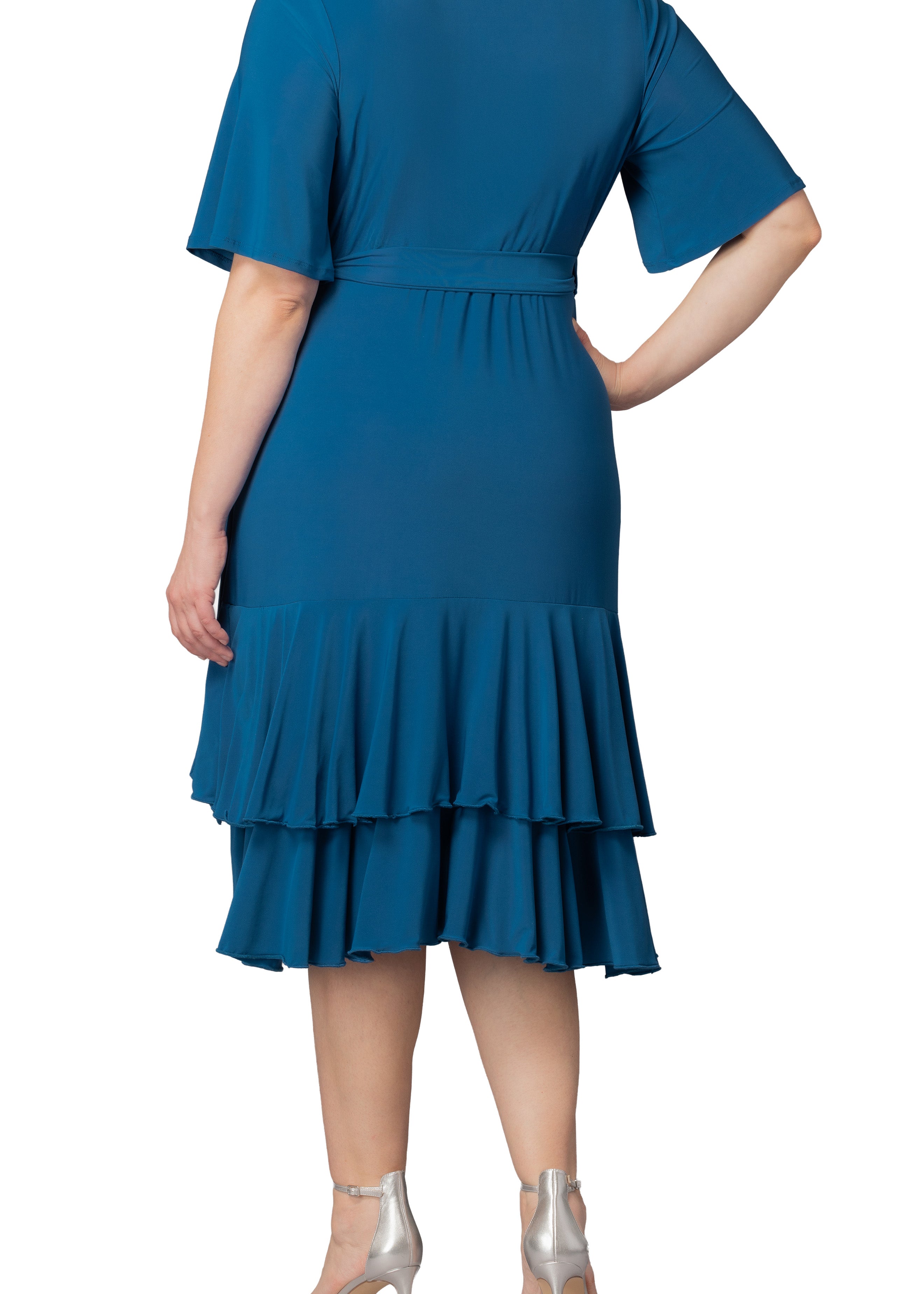aegean ruffle zippered midi dress NWT Commense Aegean Ruffle Zippered Midi Dress XS Smocked Detail Slit Back