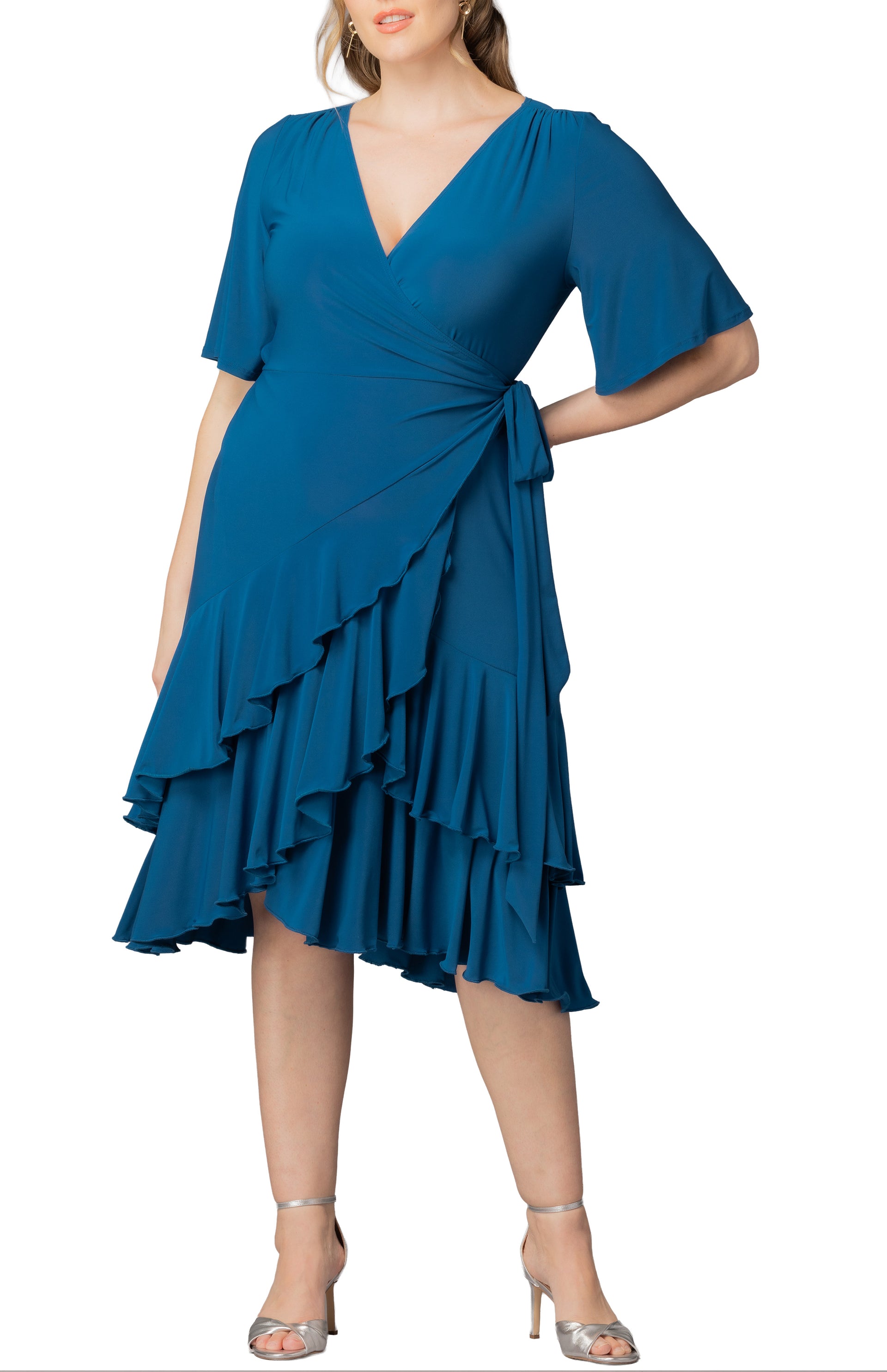 Kiyonna Plus Size Miranda Ruffle Wrap Dress - Aegean Blue