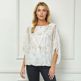 Elbow Sleeve Poncho Necklace Bubble Blouse - White