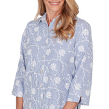 Alfred Dunner Puff Print Pinstripe Embroidered Button Down Top