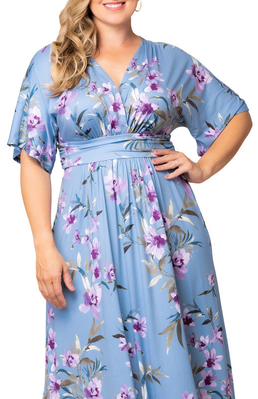 Kiyonna Plus Size Vienna Kimono Sleeve Long Maxi Dress - Dreamy Blue Florals