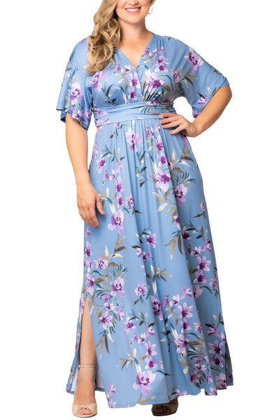 Kiyonna Plus Size Vienna Kimono Sleeve Long Maxi Dress - Dreamy Blue Florals