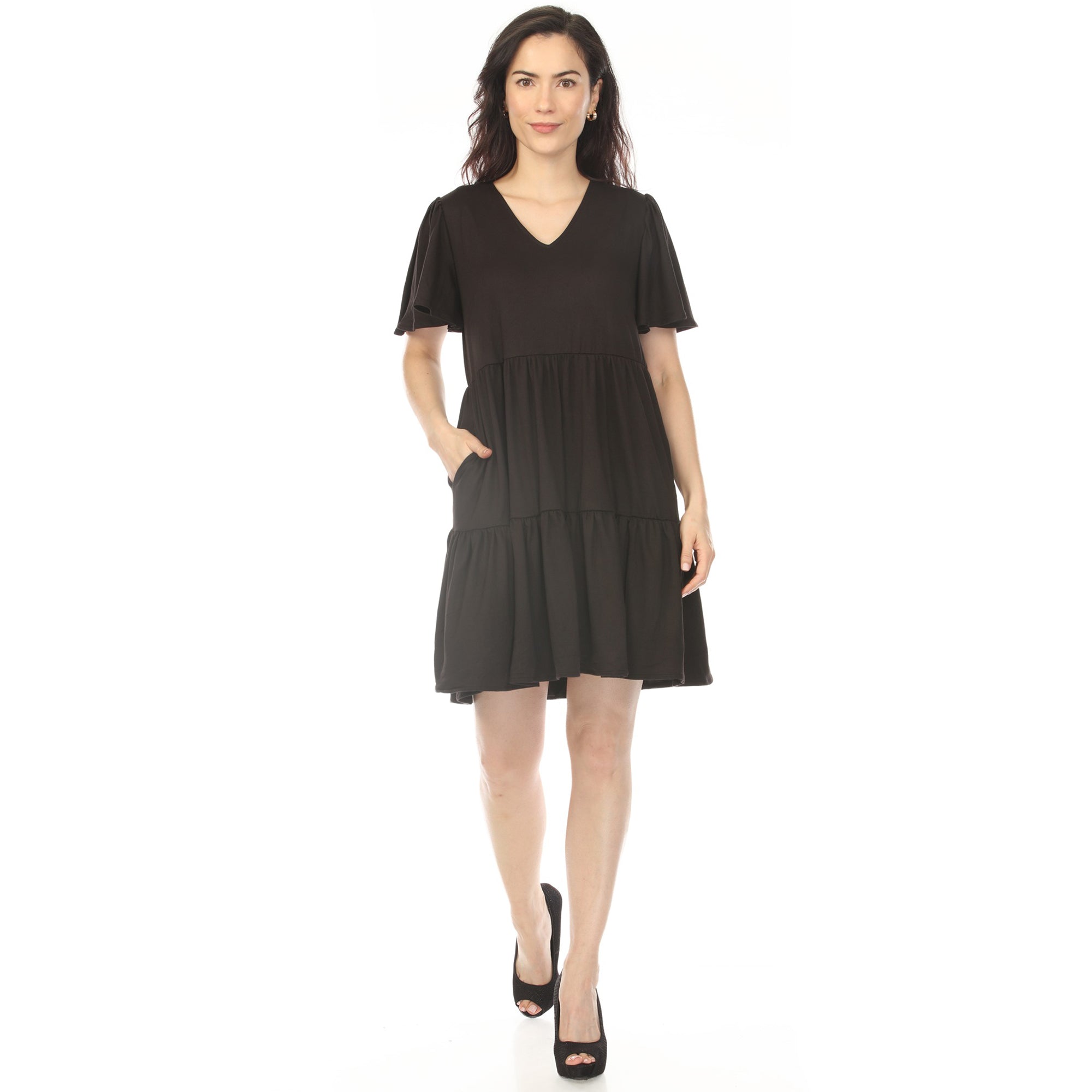 White Mark Women's V-Neck Short Sleeve Dress Black / M