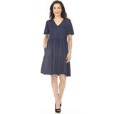 Women's V-Neck Short Sleeve Dress - Navy