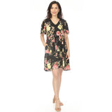 Women's V-Neck Tropical Flower Short Sleeve Dress - Black