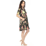 Women's V-Neck Tropical Flower Short Sleeve Dress - Black
