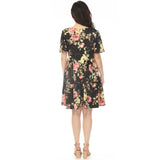 Women's V-Neck Tropical Flower Short Sleeve Dress - Black