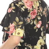 Women's V-Neck Tropical Flower Short Sleeve Dress - Black