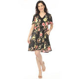 Women's V-Neck Tropical Flower Short Sleeve Dress - Black