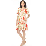 Women's V-Neck Tropical Flower Short Sleeve Dress - Ivory