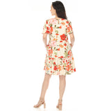 Women's V-Neck Tropical Flower Short Sleeve Dress - Ivory