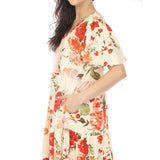 Women's V-Neck Tropical Flower Short Sleeve Dress - Ivory
