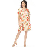 Women's V-Neck Tropical Flower Short Sleeve Dress - Ivory