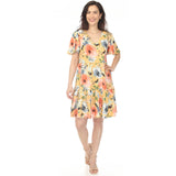 Women's V-Neck Vintage Floral Short Sleeve Dress - Yellow