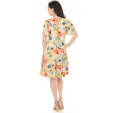 Women's V-Neck Vintage Floral Short Sleeve Dress - Yellow