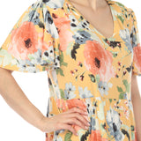Women's V-Neck Vintage Floral Short Sleeve Dress - Yellow