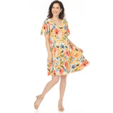 Women's V-Neck Vintage Floral Short Sleeve Dress - Yellow