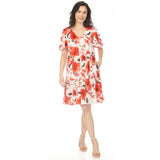 Women's V-Neck Vintage Floral Short Sleeve Dress - Red