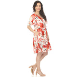 Women's V-Neck Vintage Floral Short Sleeve Dress - Red