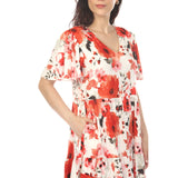 Women's V-Neck Vintage Floral Short Sleeve Dress - Red
