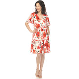 Women's V-Neck Vintage Floral Short Sleeve Dress - Red