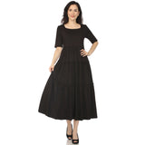 Women's Square Neck Short Sleeve Tiered Dress - Black
