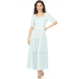 Women's Square Neck Short Sleeve Tiered Dress - Dusty Blue