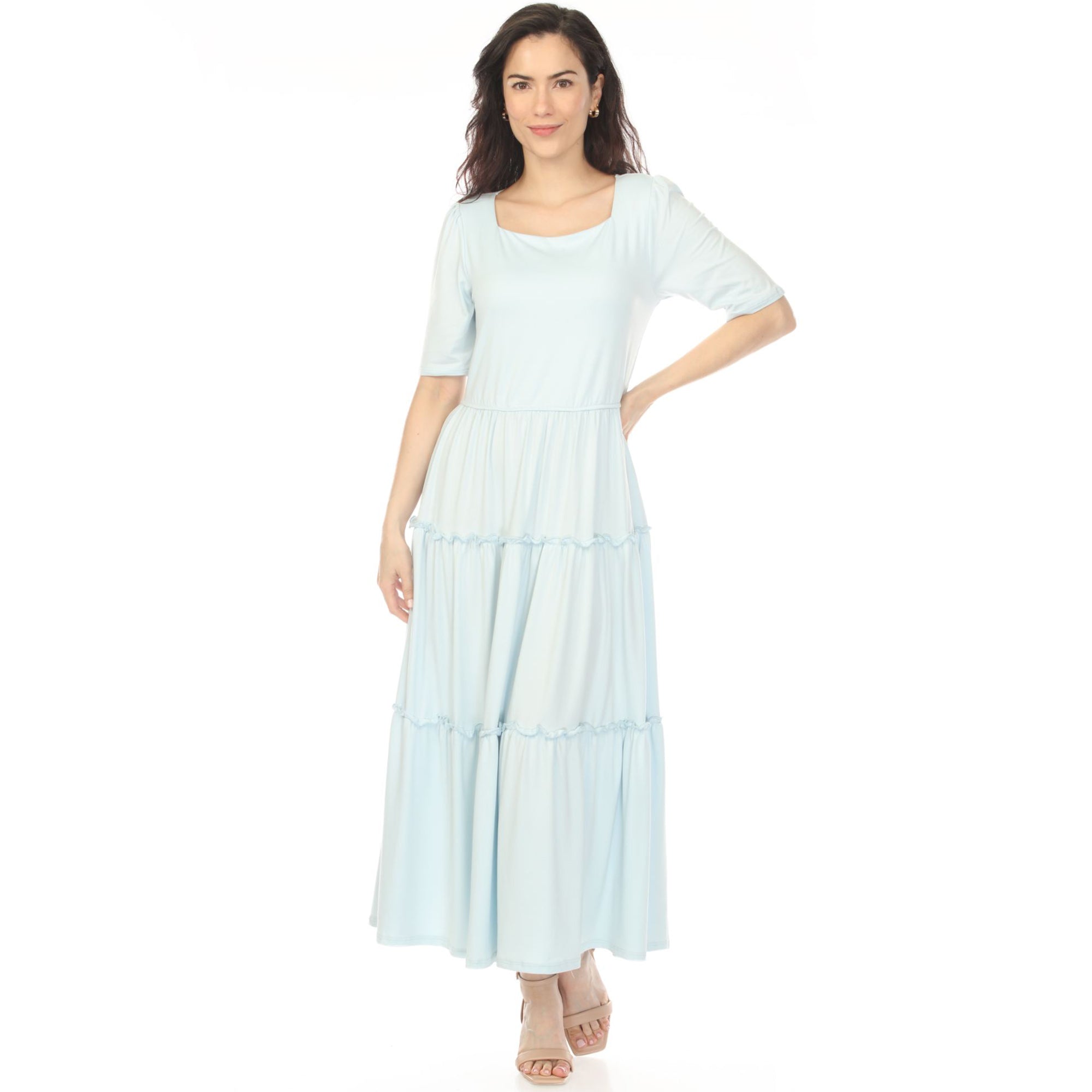 White Mark Women's Square Neck Short Sleeve Tiered Dress Dusty Blue / S