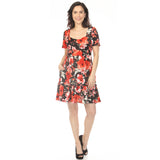 Women's Square Neck Short Sleeve Floral Dress - Black Red