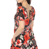Women's Square Neck Short Sleeve Floral Dress - Black Red