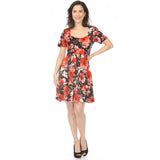 Women's Square Neck Short Sleeve Floral Dress - Black Red