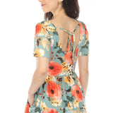 Women's Square Neck Short Sleeve Floral Dress - Sage Coral