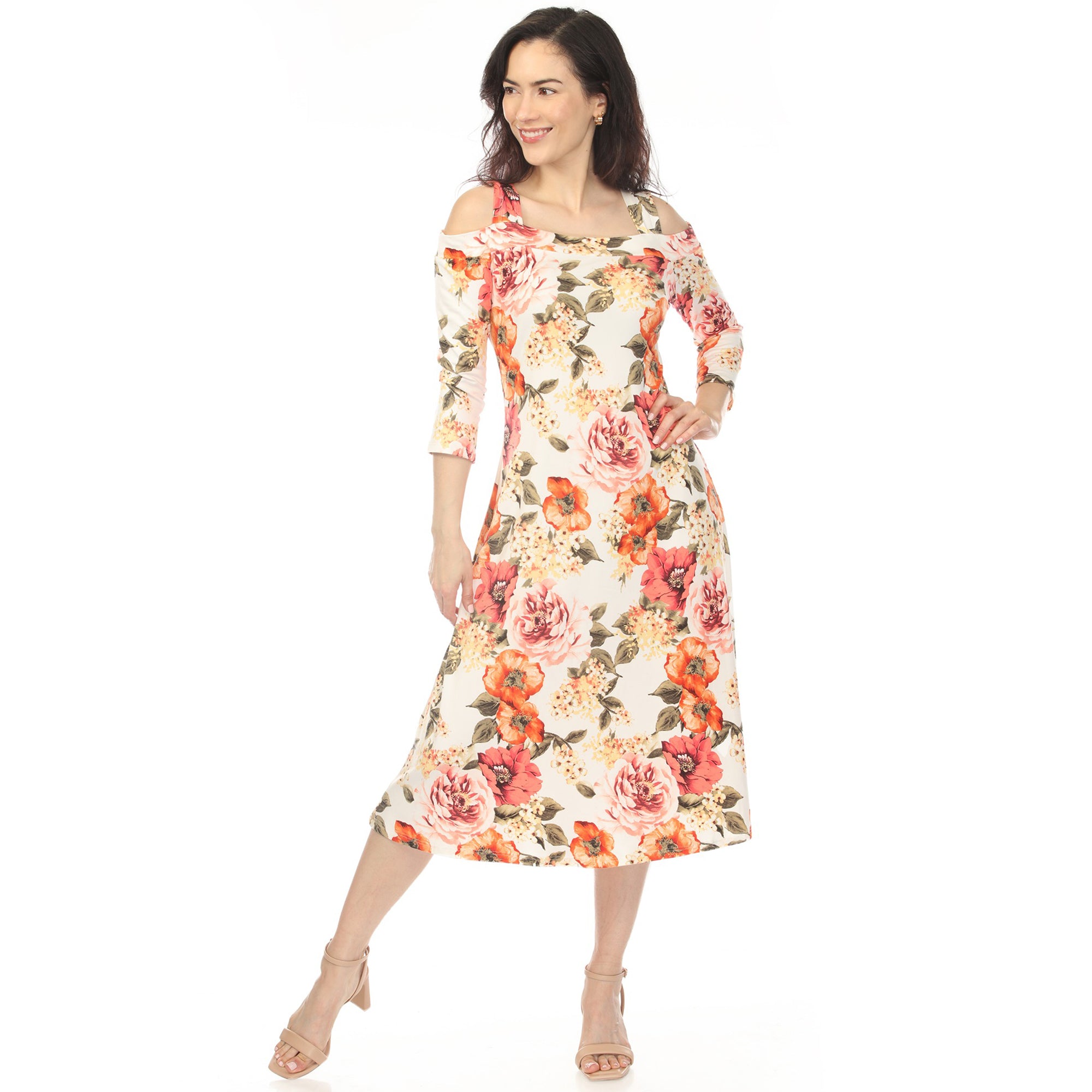 Women's Cold Shoulder 3/4 Sleeve Dress - Ivory Orange Women's Cold Shoulder 3/4 Sleeve Dress - Ivory Orange
