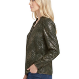 NY Collection Petite Long Sleeve V Neck Blouse With Metallic Print
