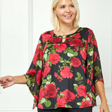 Kimono Sleeve Cutout Trim Mix Media Blouse in Black - Plus