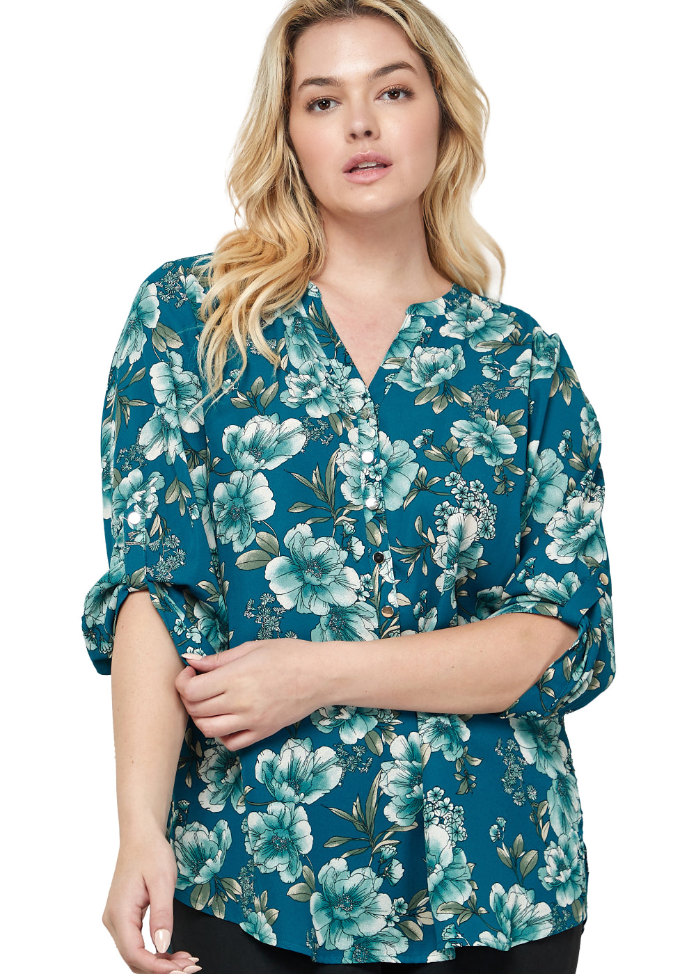 Sara-Michelle-3/4-Sleeve-Mandarin-Collar-Henley-Placket-Shirt-Tail-Popover-PLUS-Shirts-&-Blouses