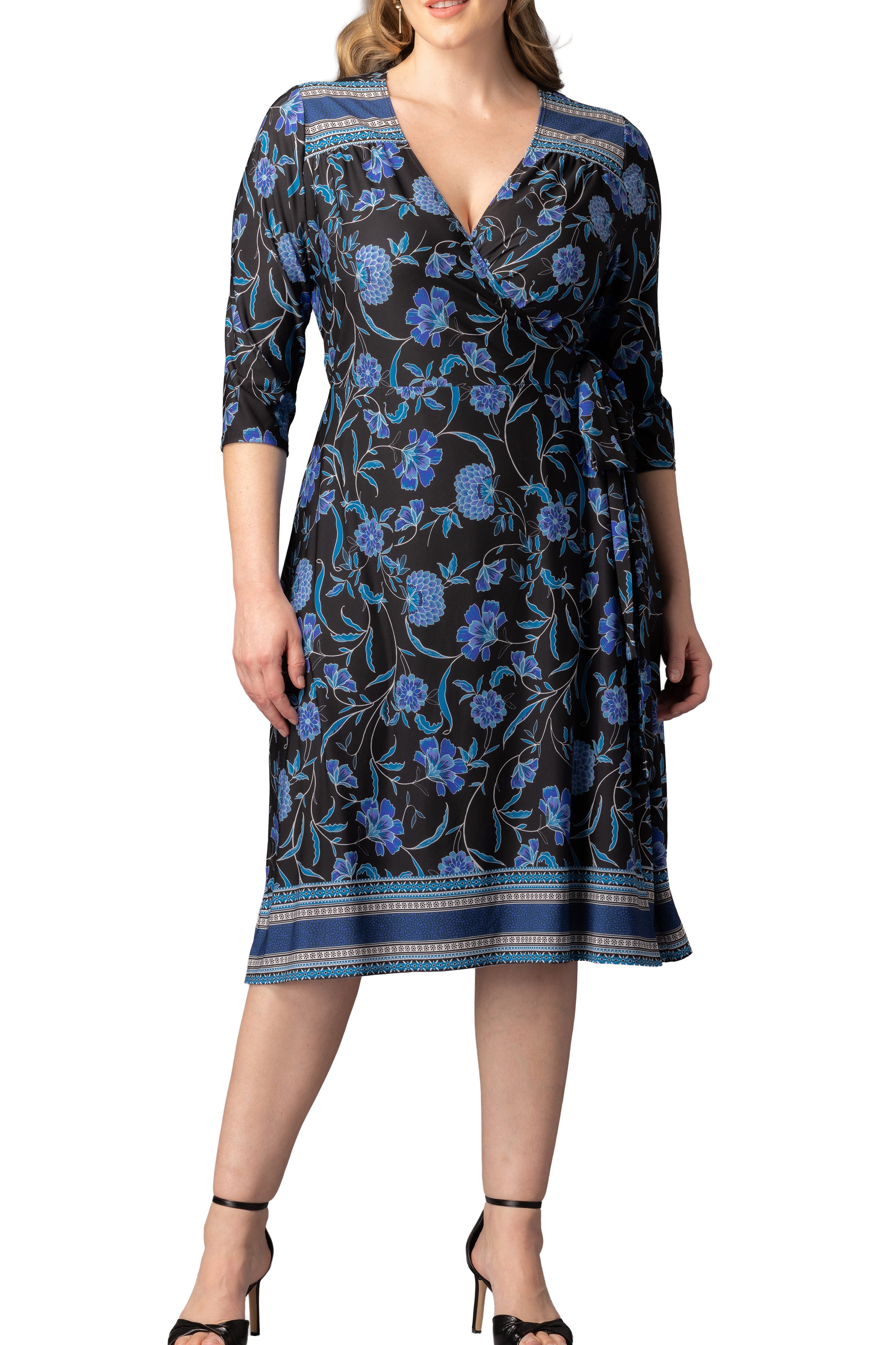Beguiling Border Print Wrap Dress - Black - Plus