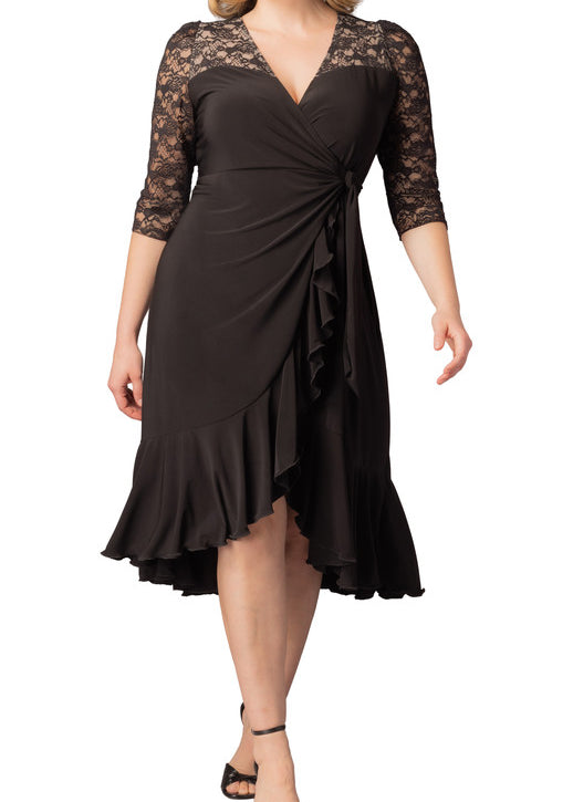 Kiyonna Plus Size Lavish Lace Wrap Dress - Black Noir Kiyonna Plus Size Lavish Lace Wrap Dress - Black Noir