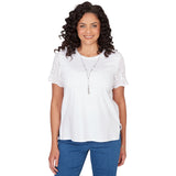 Alfred Dunner Solid Eyelet Sleeve Tee with Necklace- Petite