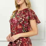 Short Flutter Sleeve Cutout Removable Trim Front Neck Mix Media Blouse