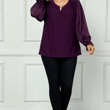 Long Ruffle Sleeve Cutout Removable Trim Fromt Boat Neck Mix Media Blouse - Plus