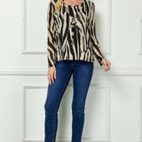 Long Sleeve Scoop Neck Attached Tie Shrug Front Mix Media Blouse