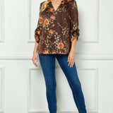 3/4 Button Tab Sleeve Mandarin Collar Button Front Placket Popover Lined Blouse with Lurex and Brown Studs