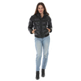 Women's Hooded Faux Leather Puffer Jacket