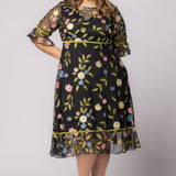 Black Blossom Print Wildflower Embroidered Dress - Plus