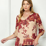 3/4 Button Tab Sleeve Mandarin Collar Popover Blouse in Taupe