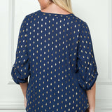 3/4 Button Tab Sleeve Button Placket Front V-Neck Popover Blouse with Diamond Foil Overlay - Plus