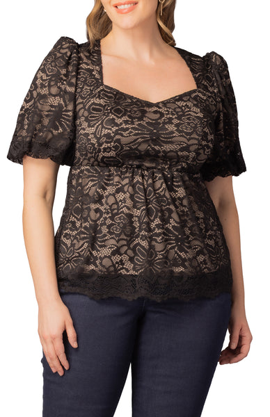 Winsome Sweetheart Lace Peplum Top - Black & Nude - Plus – Dressbarn
