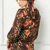 3/4 Band Sleeve V-Neck Mix Media Blouse with Scarf