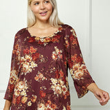 Vintage Rose 3/4 Flare Sleeve Cutout Trim Mix Media Blouse in Burgundy - Plus